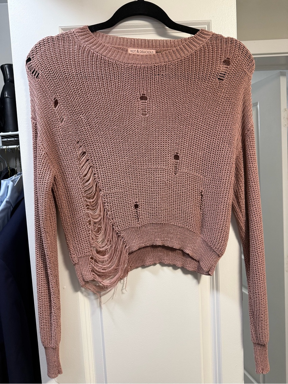 Hot & Delicious Rose Mauve Distressed Cropped Crew Sweater